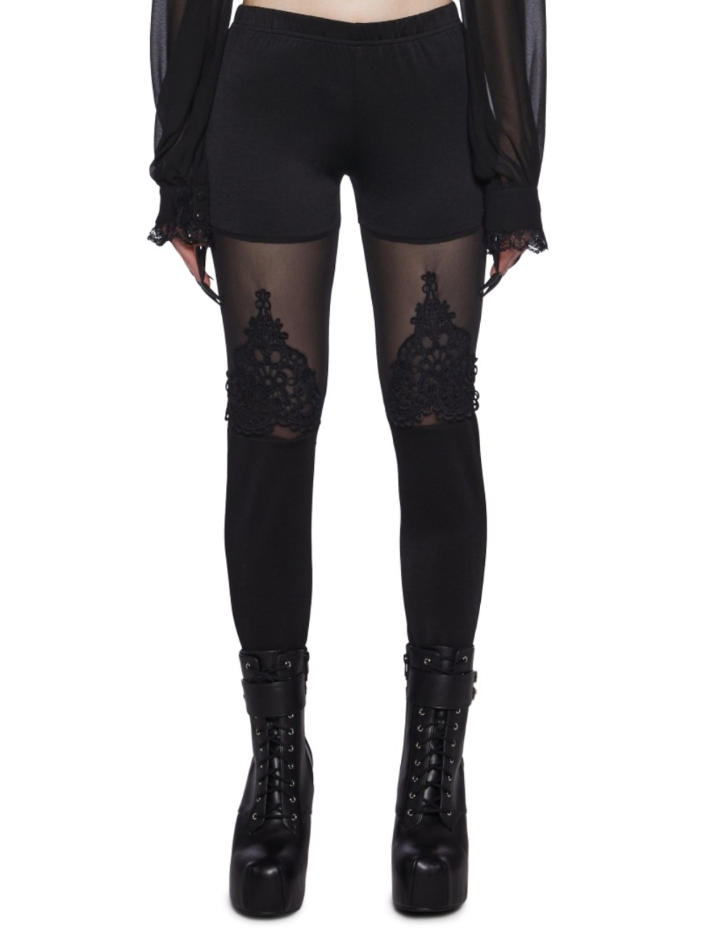 Dolls Kill Black Lace Panel Leggings with Sheer Insets